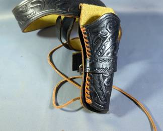 Tooled Leather Holster On Matching Tooled Leather Belt, Size 38, With Cartridge Loops For 22 Cal