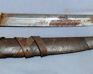 Khanjali (aka Kindjal) Double-Edged Dagger, Unknown Age, Bone And Wood Grip, 17" Blade, In Wood Sheath Covered With Leather And Metal