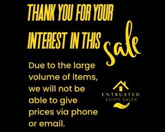 Only exception is women’s shoes and purses. Drop us a message on Whatnot for prices!Shoes and Purses on pre-sale through the Whatnot app. 
Whatnot is a selling app. Download the app and then follow entrustedestatesalesnash. 
Send us a message on Whatnot of the shoes/purses you are interested in and we’ll get prices to you! 
Copy/paste this link to get a $15 credit toward your first purchase!
https://whatnot.com/invite/entrustedestatesales
