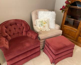 Two comfortable swivel chairs, ottoman