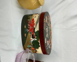 DILA314 Handcrafted Folk Art Bentwood Box More Bentwood box is approx 8.5' Tall x 15' Wide. The pink glass is a Longaberger basket. The cookie jar is a Robinson Ransbottom pottery.