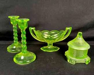 DILA211 Uranium Vaseline Glass Mayo bowl, Boyd honey pot lidded dish and 2 candlesticks.