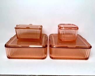 DILA204 Vintage Rose Refrigerator Dishes 4pc Rose color glass dishes with lids.