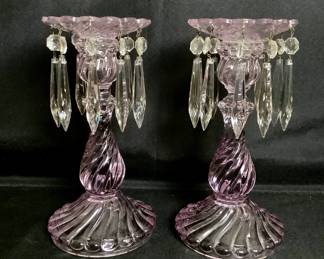 DILA203 Vintage Fostoria Lustre Candlesticks A pair of lavender tint candlesticks with u-drop prisms.