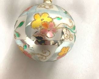 DILA317 RADKO 1992 French Country Flower Ball Ornament Silver color ball with gold glitter pink and yellow flowers make this a delightful decoration.. Ornament is approximately 3.5' tall.