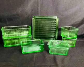 DILA202 Uranium Refrigerator Dishes 7pc Uranium glass dishes.
