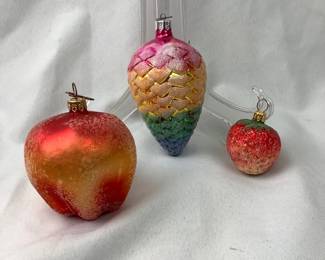DILA321 Vintage 1990s Radko Fruit Inspired Ornaments Lot includes: Sugared Strawberry, an Apple and a colorful pine one.