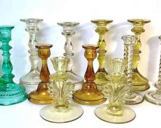 DILA210 Assortment Of Glass Candlesticks Fostoria "Baroque" #2496 yellow candlesticks. Three Tiffin Art Deco with swirling stems and much more.