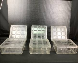 DILA312 Hazel Atlas Refrigerator Dishes 1940's Hazel Atlas Dishes which are square with a cross cross pattern. Dishes are approximately 4.5' Tall x 8.5' Wide.