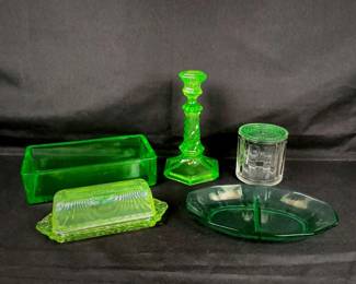 DILA215 Vasaline Glass Candlestick with snack dish, rectangular dish, butter dish and Norge refrigerator lidded dish. (only lid appears to be uranium glass)