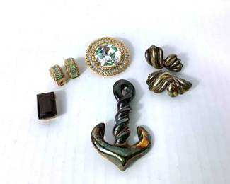 DILA219 Brand, Sterling, Vintage Jewelry Pieces Sterling anchor or pendant,manufacturer not visible, stamped.925. Vintage Christian Dior clip earrings. Stamped Salo reef like pin. French Jeweler Fredric Jean Duclos sterling earrings, missing clip backs. 2 Wizard Smokey quartz gold filled pendant.