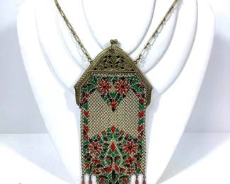 DILA220 Old Art Deco, Mesh Purse Sterling Bracelet Antique/vintage, Mandalian Mfg Co. mesh, enamel, art deco purse, does have a little stain on the back of it. Sterling art deco, cut green glass center