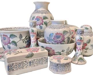 Decorative Blue And Pink Floral Pottery Pieces Vases, Candlestick Holders, Planter And More