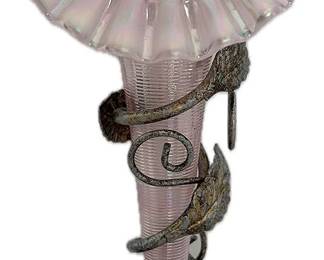 Fenton Pink Iridescent Jack in the Pulpit Vase W Metal Ivy Stand 