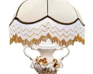 Benrose White Porcelain And Gold Rose Lamp
