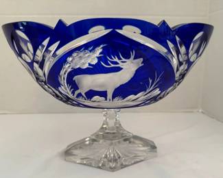 Cut To Clear Cobalt Blue Crystal Bohemian Stag Footed Bowl