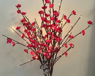 Artificial Red Plum Floral Stems w Vase Lights Up 