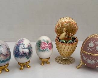 Enesco Painted Egg Paperweights, Musical Trinket Box Geese Figurines
