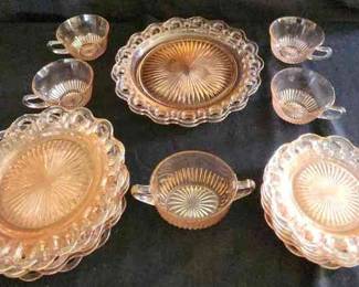 005 1930s Anchor Hocking Pink Colony Lace Lot 3 19pc