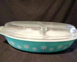 Vintage PYREX Snowflake Turquoise Divided Covered Dish