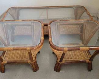 Wood Wicker Coffee Table  Two End Tables