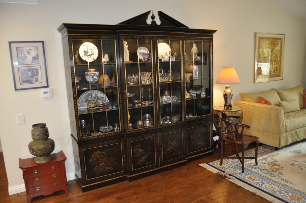 John Widdicomb  Chinoiserie display cabinet.  86" wide.  89" tall.  19" wide.  Circa 1980