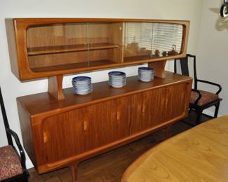 Mid Century Danish Dyrlund w/sliding doors credenza and upper  display.  78" wide x 60" tall x 18" wide.