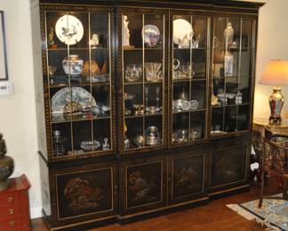John Widdicomb  Chinoiserie display cabinet.  86" wide.  89" tall.  19" wide.  Circa 1980