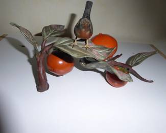 Japanese Bronze Okimono Bird on Persimmon Branch
