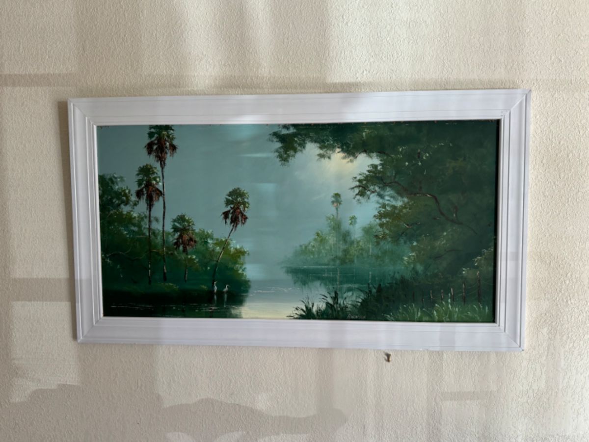 23x47” landscape sofa painting by Harold Newton. Known as one of the best technical painters of the highwaymen. The frame has been replaced, and there is a hole in the margin of the picture where the old frame was. Offers will be accepted up until Sunday 6/16  at noon, at which time the highest offer will be taken and winner notified. 
