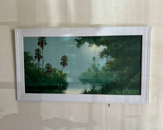 23x47” landscape sofa painting by Harold Newton. Known as one of the best technical painters of the highwaymen. The frame has been replaced, and there is a hole in the margin of the picture where the old frame was. Offers will be accepted up until Sunday 6/16  at noon, at which time the highest offer will be taken and winner notified. 