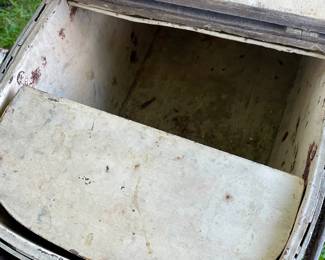 RARE ANTIQUE PICNIC BASKET WITH GALVANIZED METAL COOLER