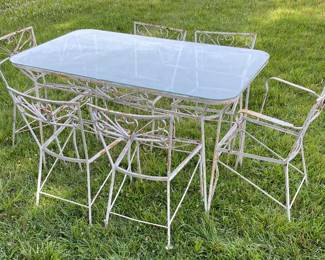 ANTIQUE WROUGHT IRON 7-PCS PATIO SET W/GLASS TOP (NO SEAT CUSHIONS)