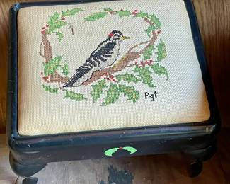 ANTIQUE METAL FOOTSTOOL WITH CROSS-STITCH CUSHION