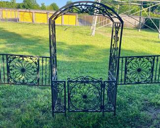 WROUGHT IRON ARCH WITH GATE and 2-FENCE PANELS