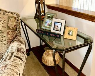 Metal with glass top sofa table, modern stained glass lamp with lighted base