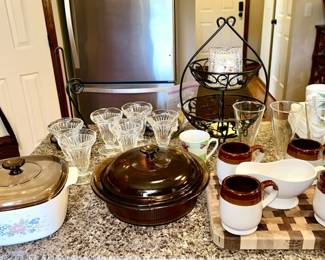 Kitchen bakeware, sundae dishes, mugs, metal basket, etc.