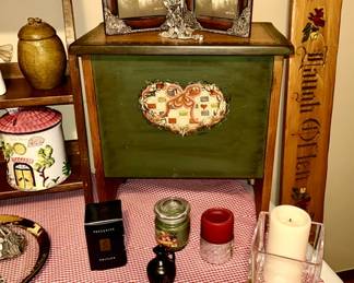 Hinged top hand painted box/chest, candles, picture frames, etc