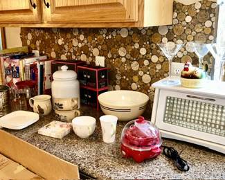 Cookbooks, misc kitchen items, Purex chip and dip set, bread box, stems, egg cooker (SOLD), etc.