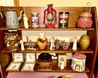 Wooden display stand, enamel coffee pot, vintage coffee grinder, misc. pottery and collectibles