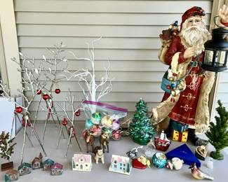 Vintage and modern Christmas decor, ceramic Christmas tree, large lighted Santa (SOLD), deer and small houses are SOLD