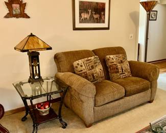 Metal w/ glass top side table, love seat, modern stained glass table lamp with lighted base and matching floor lamp