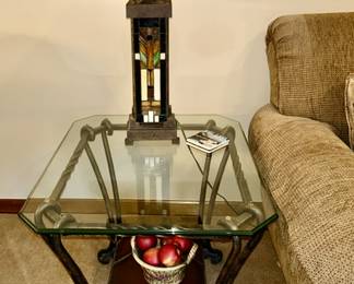 Matching metal with glass top side table, modern stained glass lamp with lighted base