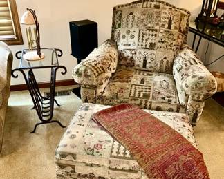 Metal with glass top side table/magazine rack (SOLD), patterned upholstered chair w/ matching ottoman