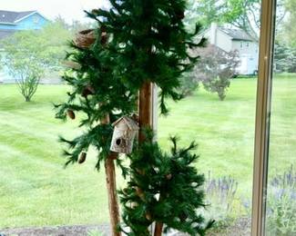 Large 3-tree on stand with decorative birdhouse/nest