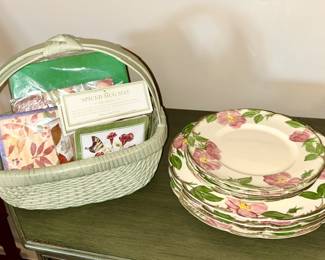 Napkins, Franciscan Desert Rose plates, basket (SOLD)