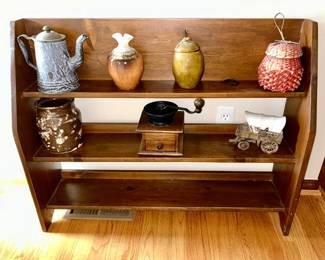 Wooden display stand, enamel coffee pot, vintage coffee grinder (SOLD), stage coach (SOLD), misc. pottery and collectibles