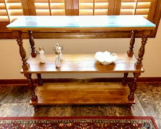 Wooden open book shelf with glass top, Willow Tree angel figurines