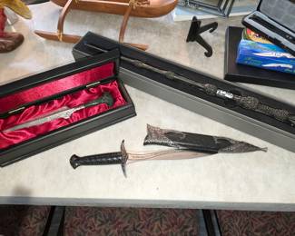 Left - Bellatrix Lestrange Replica Dagger (Harry Potter), Center - Elven Sting Dagger Replica, Letter Opener, Fantasy Sword with Sheath, Right - Universal Orlando Dumbledore Elder Wand (Harry Potter)