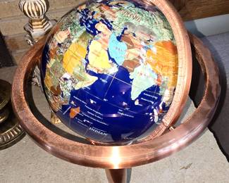 Semi-Precious Gemstone Inlaid World Globe With Compass in Copper Stand